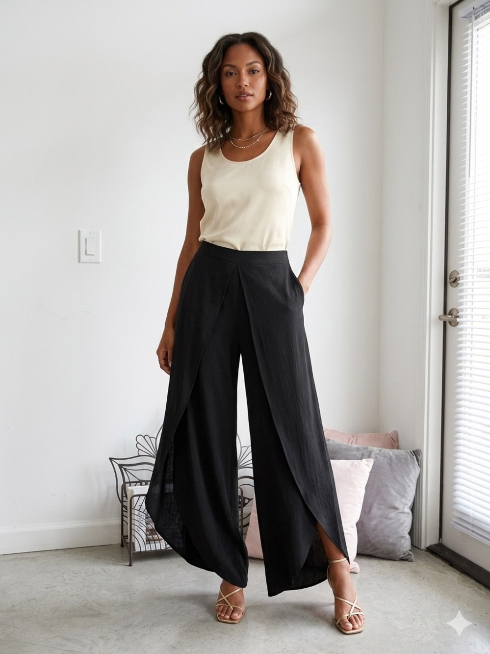 Wide Leg Overlay Pants in Black